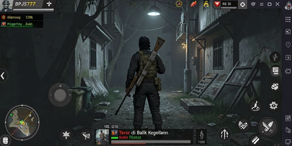 Tangkapan layar gameplay menegangkan dari BPJS777, penuh ketegangan dan kegelapan.