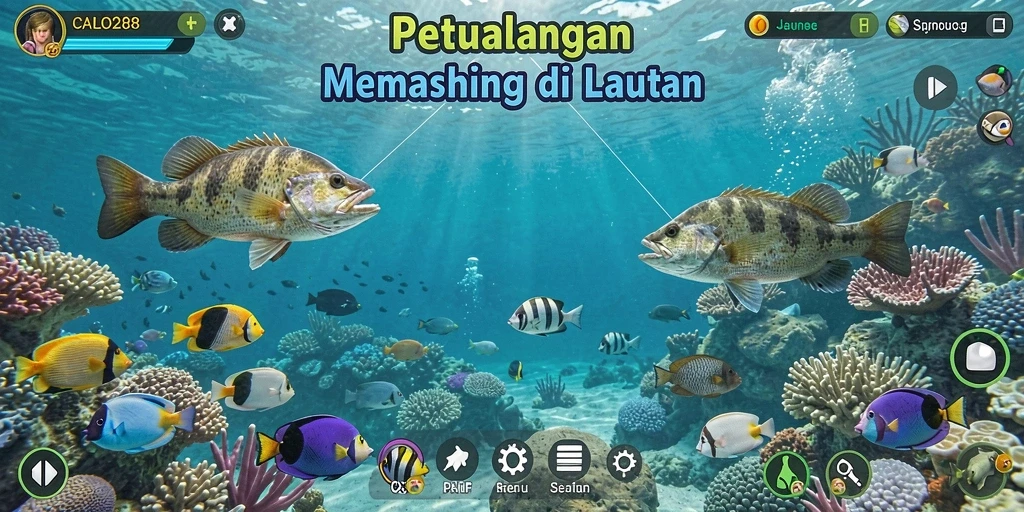 Screenshot CALO288 menampilkan pemain asyik memancing dengan latar laut yang indah.