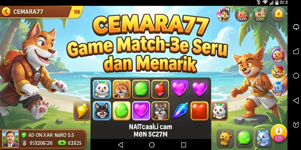 Screenshot gameplay CEMARA77 menampilkan kombinasi warna-warni dari objek Match-3.