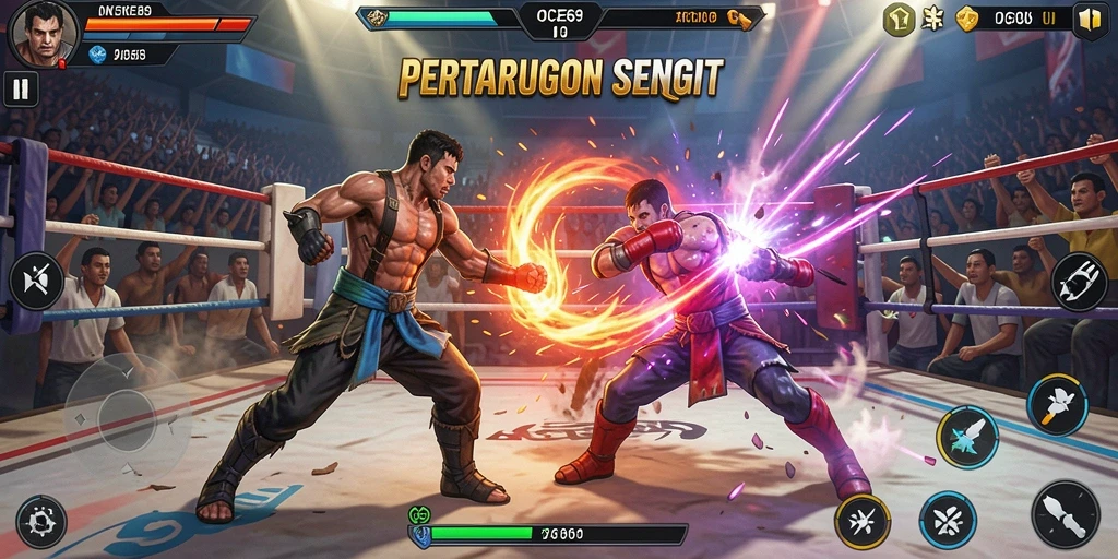 Screenshot gameplay OCE69 yang menunjukkan pertarungan seru dan karakter yang beragam.