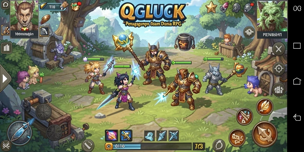 Screenshot utama QGLUCK menampilkan pertarungan epik dalam gameplay RPG.